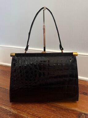 Vintage Large Kisslock Black Patent Genuine Crocodile Leather Handbag Brass